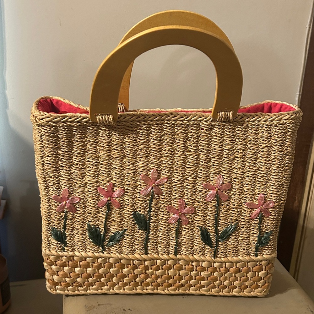 Woven Straw Tote with Floral Embroidery